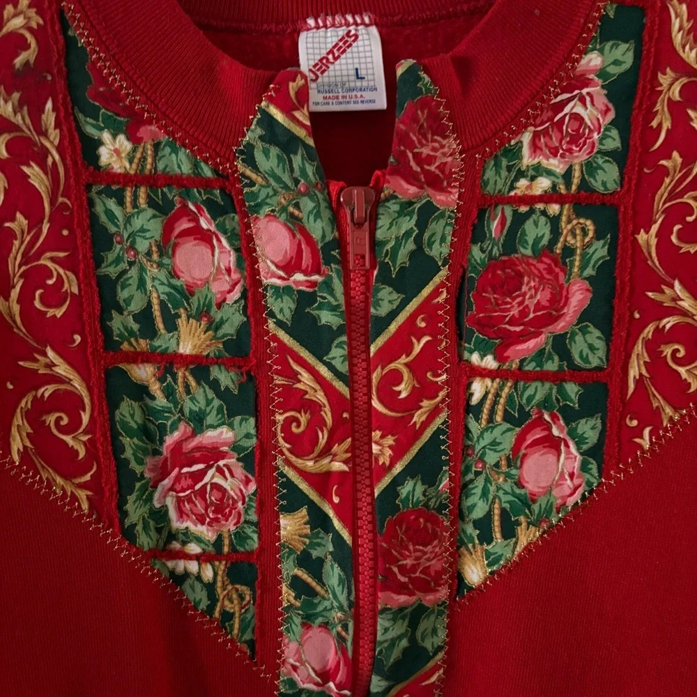 Vintage 90s Women’s Handmade Sweatshirt Jacket Size L Full‎ Zip Red Roses Leaves